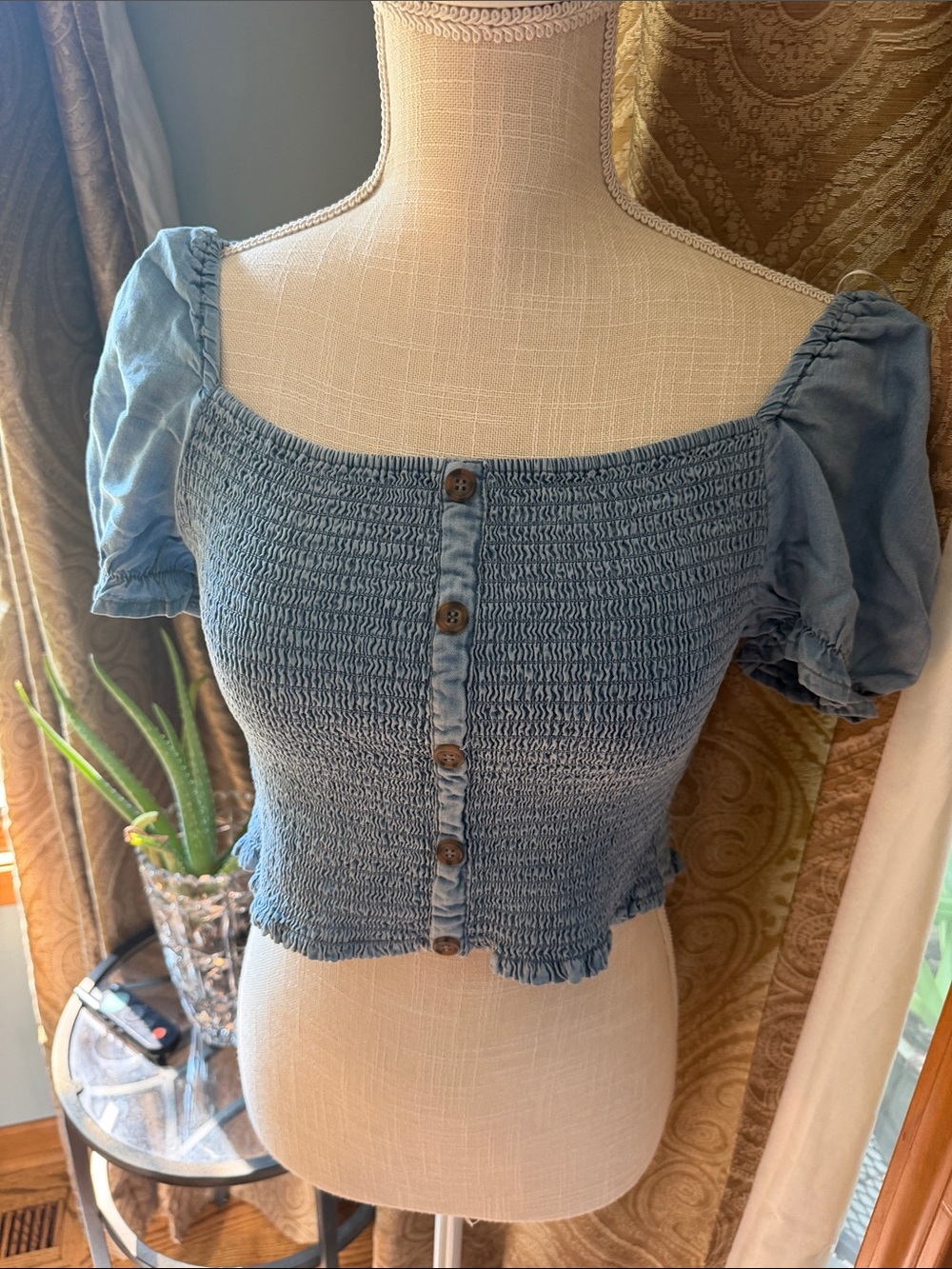 Denim tencel boutique Smocked Puff Sleeve Crop Top - Blue